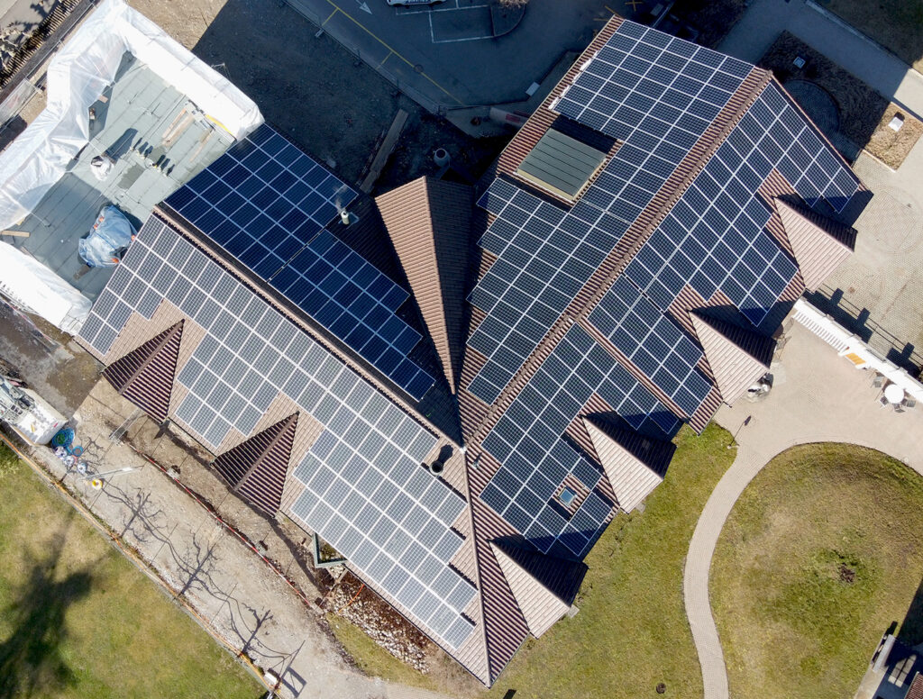 Large solar panel set up on house from birds eye view