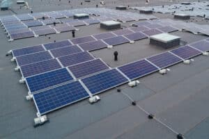Solar panels on a flat roof.