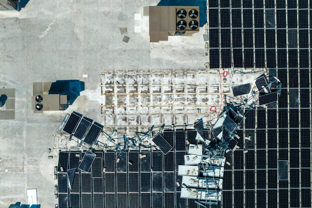 Damaged industrial solar panels